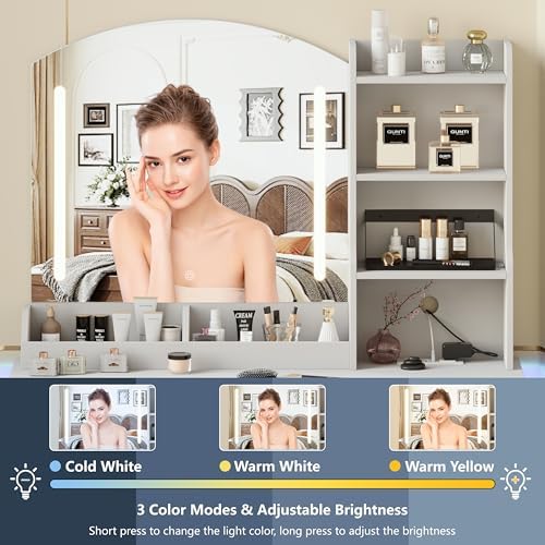 Vanity Desk with Mirror and Lights & Power Outlet, Makeup Vanity Set, White