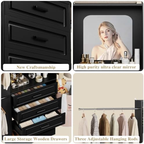 Unikito 6-14FT Wood Closet System with 6 Drawers and Mirror, Black