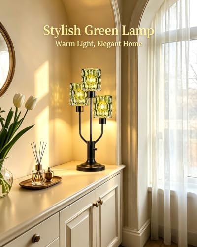 Mid Century Modern Green Glass Table Lamp Dimmable 3 Bulbs Included