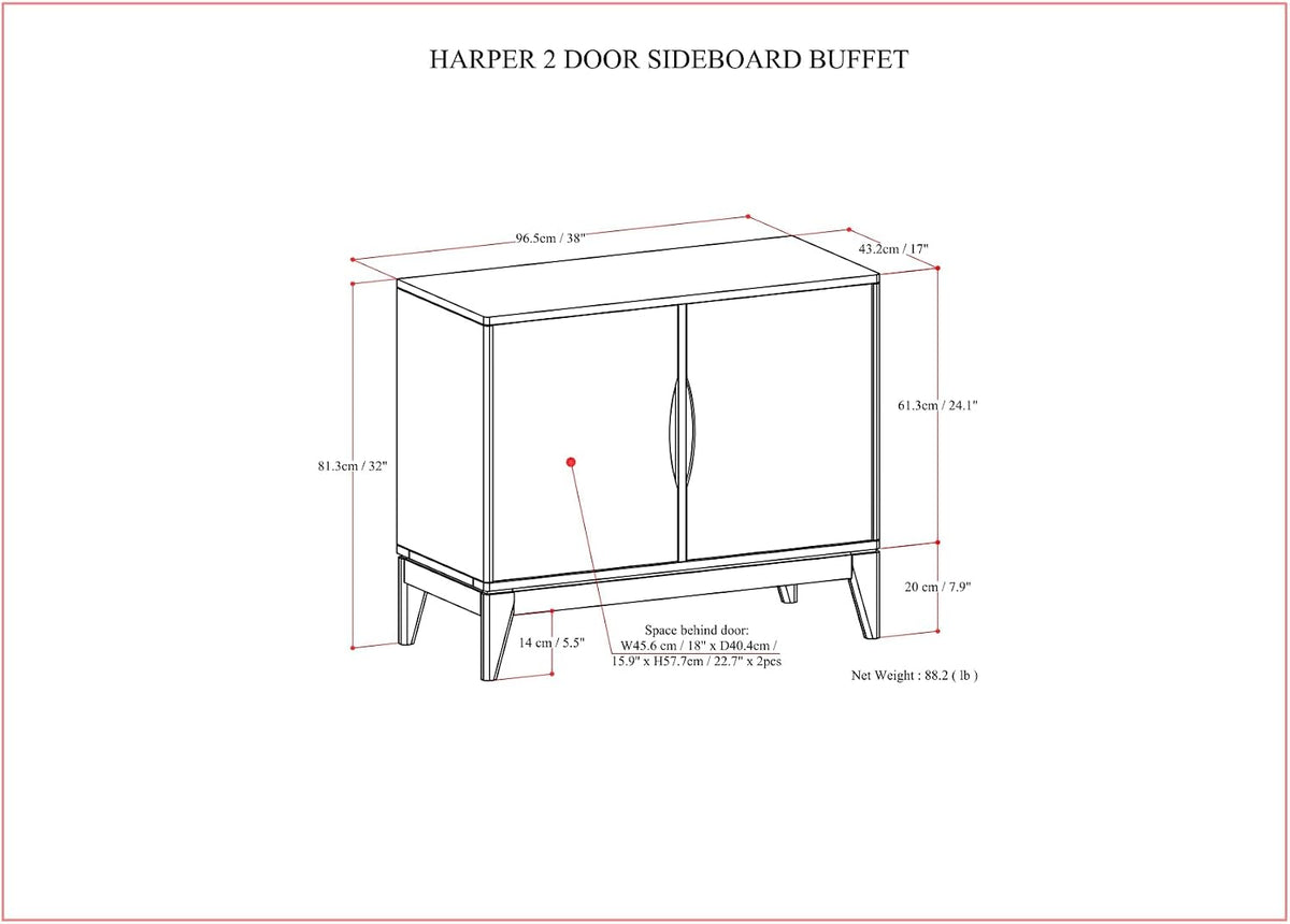 SIMPLIHOME Harper 38" Wide Solid Wood 2-Door Buffet in Walnut Brown
