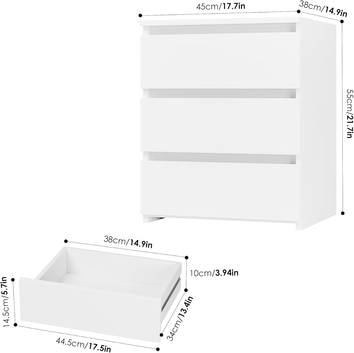 FOTOSOK Nightstands Set of 2, White Nightstand with 3 Drawers for Bedroom