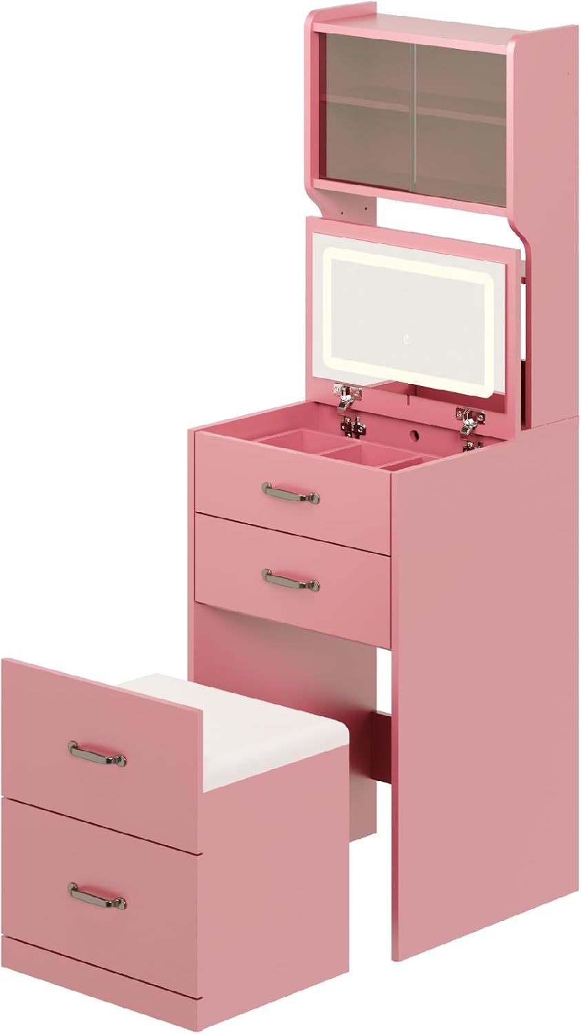 3-in-1 Vanity Desk with 3 Color LED, Compact Makeup Vanity Set with 2 AC Outl...