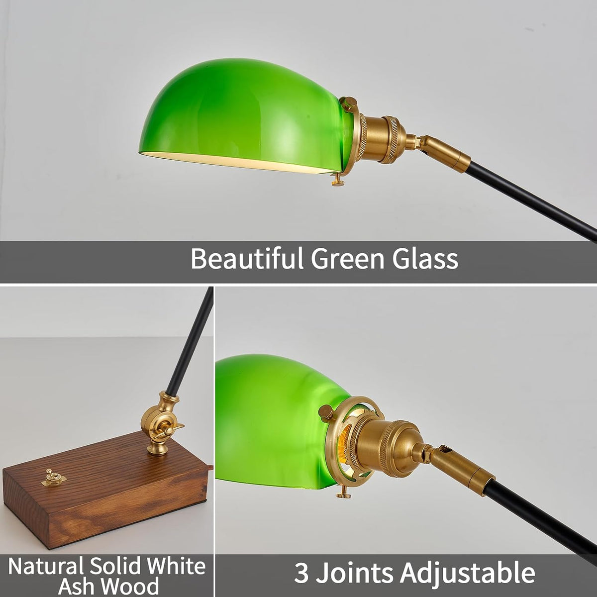 Vintage Green Glass Solid Wood BLack Gold Adjustable Swing Arm Desk Lamp