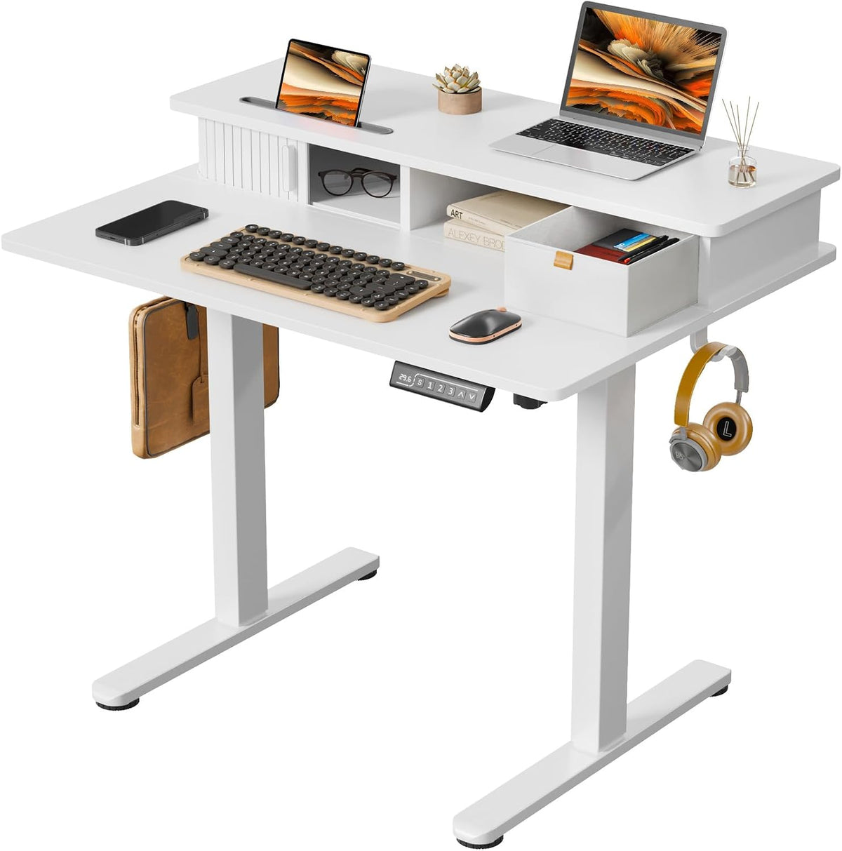 JOY worker 35" Small Electric Standing Desk with Monitor Stand & Sto...