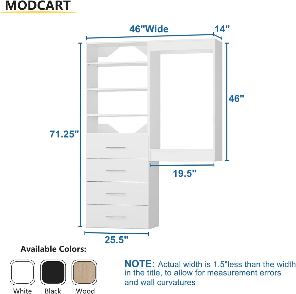 Modular Closet, 46" Wide Organizer with Tower and Drawers, Wood Tower St...