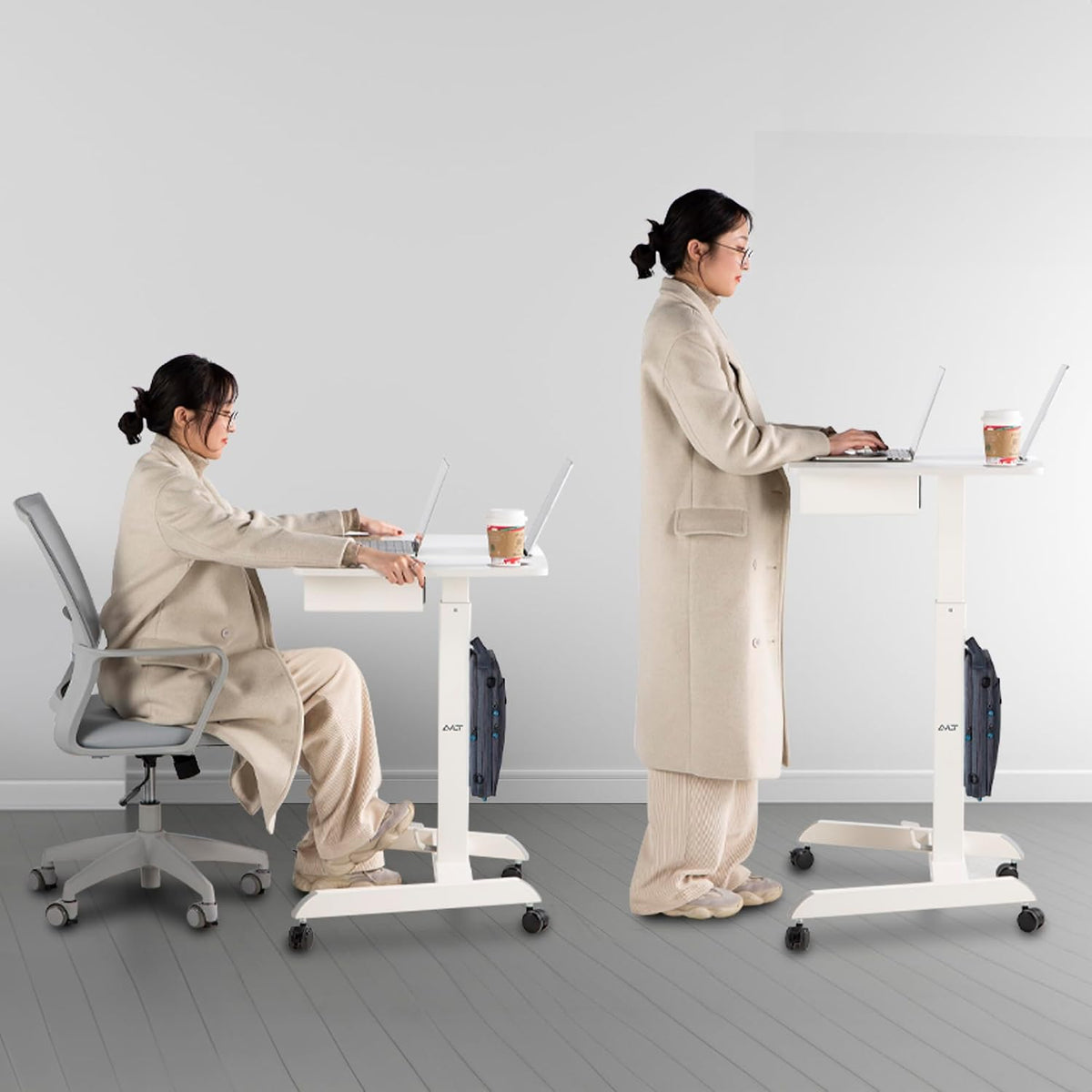 AVLT 44" Height Adjustable Foot Pedal Rolling Desk with Shelf White