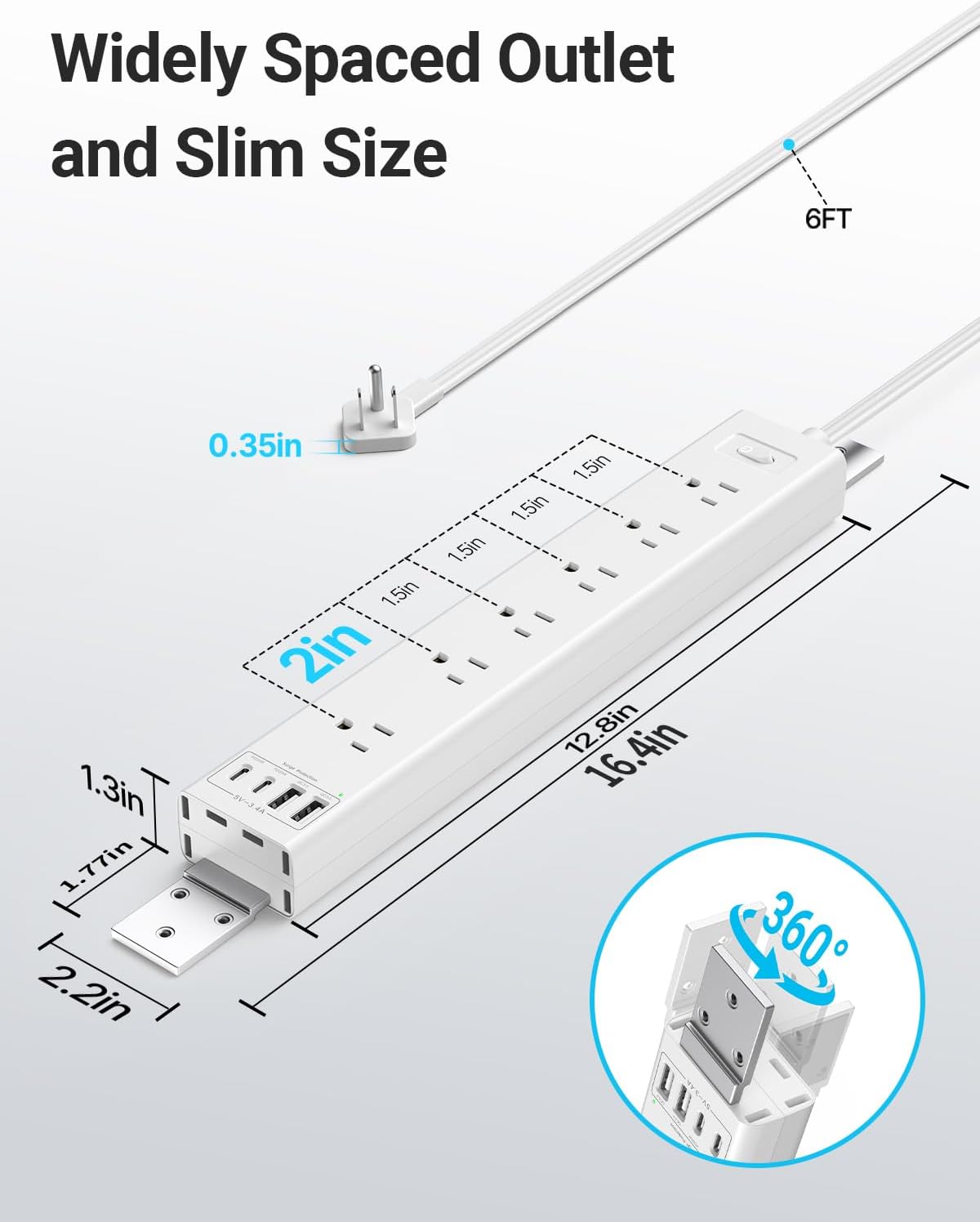 360° Mountable Surge Protector Power Strip with 4 USB Ports (2 USB C), 6 FT E...