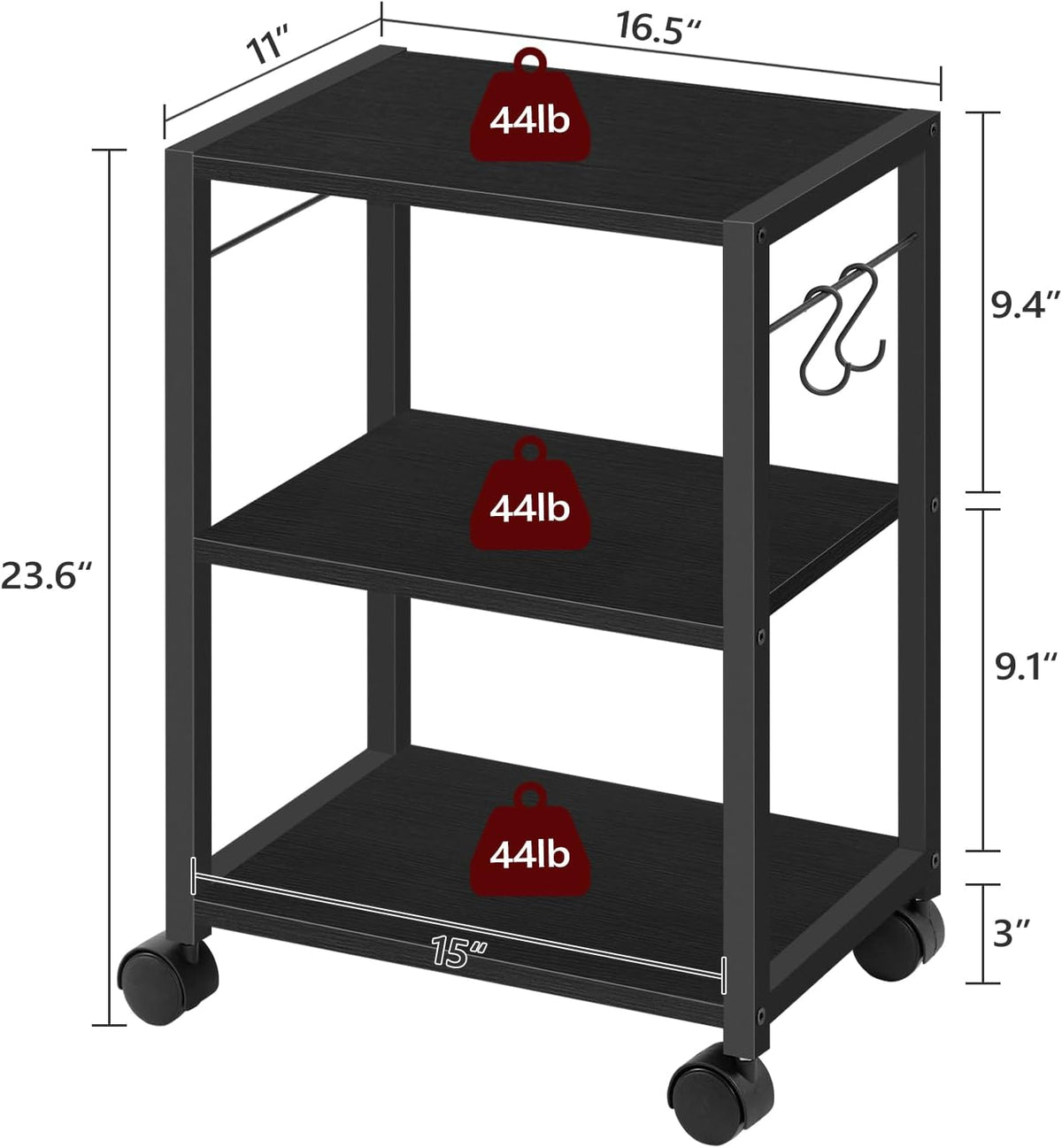 MAHANCRIS Printer Stand, 3-Tier Under Desk Rolling Cart with Storage Shelf, H...