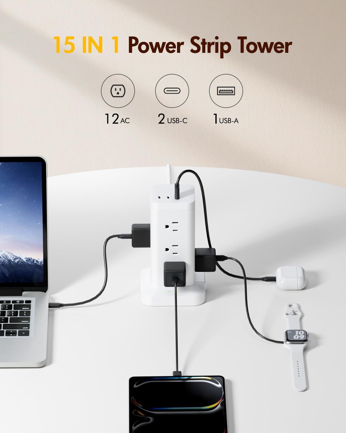 12AC 3USB Power Strip Tower Surge Protector, Extension Cord 10ft, White, 1