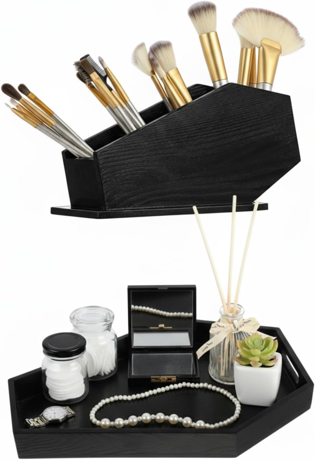 Juexica 2 Pcs Gothic Coffin Makeup Brush Holder, Black Vanity Organizer