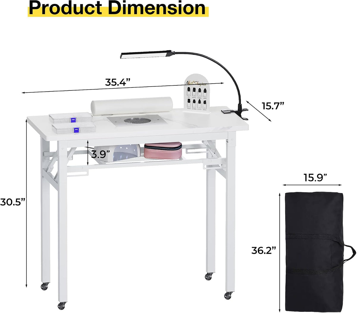Portable & Foldable Manicure Table w/Dust Collector, Rolling Nail Tech De...