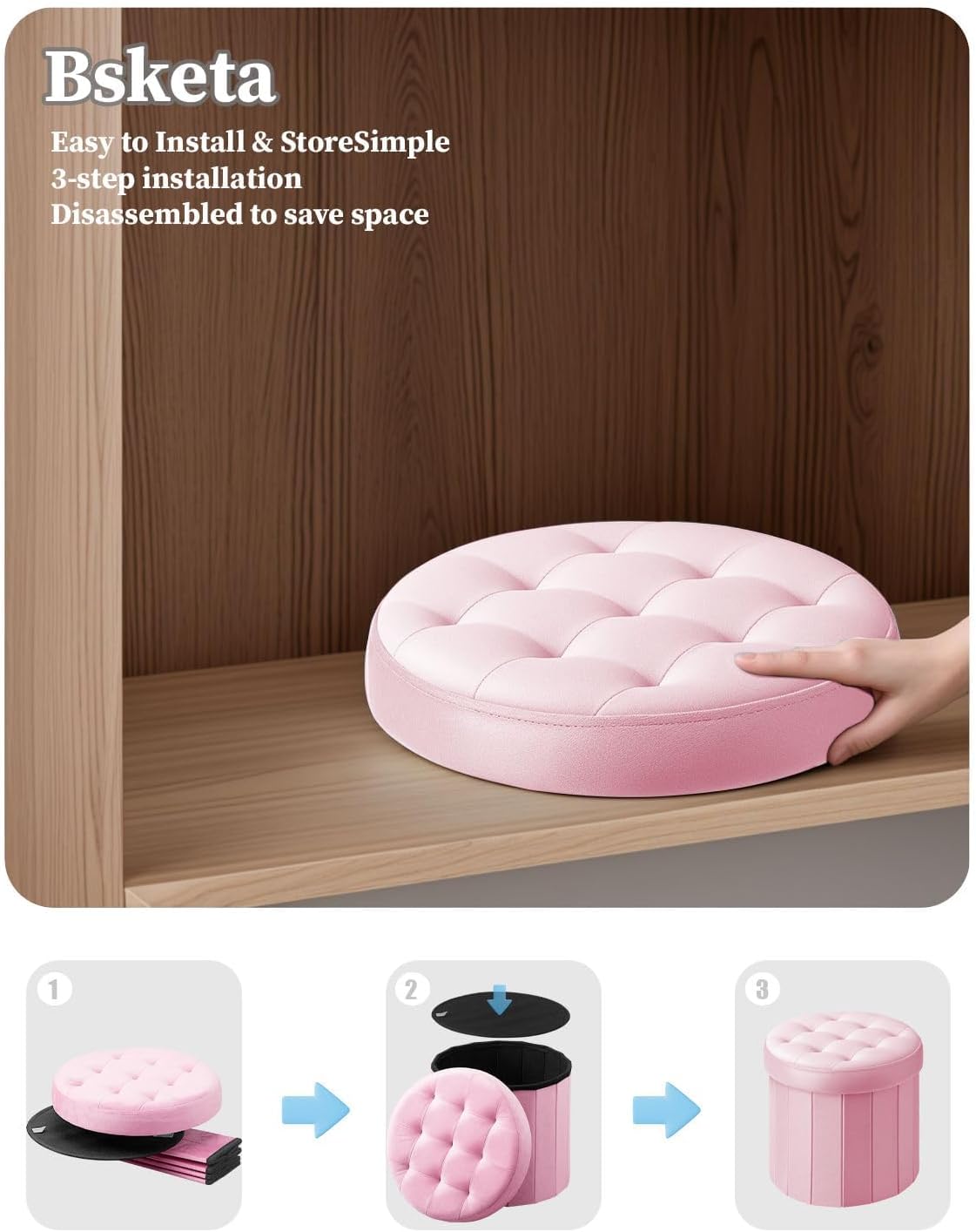 Bsketa Round Storage Ottoman, 14" Folding Velvet Foot Stool,Pink 2 Pack