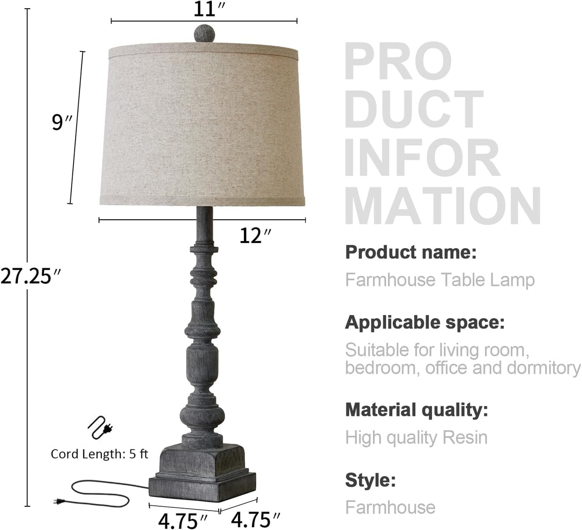 Oneach 27.75" Farmhouse Table Lamps Set of 2 for Living Room, USB A+C Port
