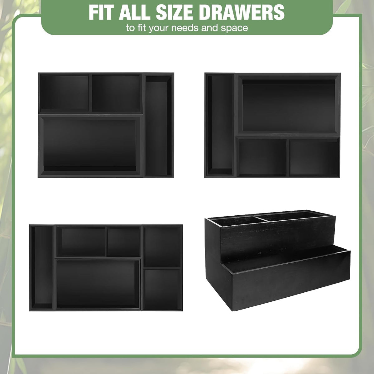 Bamboo Drawer Organizer,5 PCS Black Silverware Tray&Desk Organizers and S...