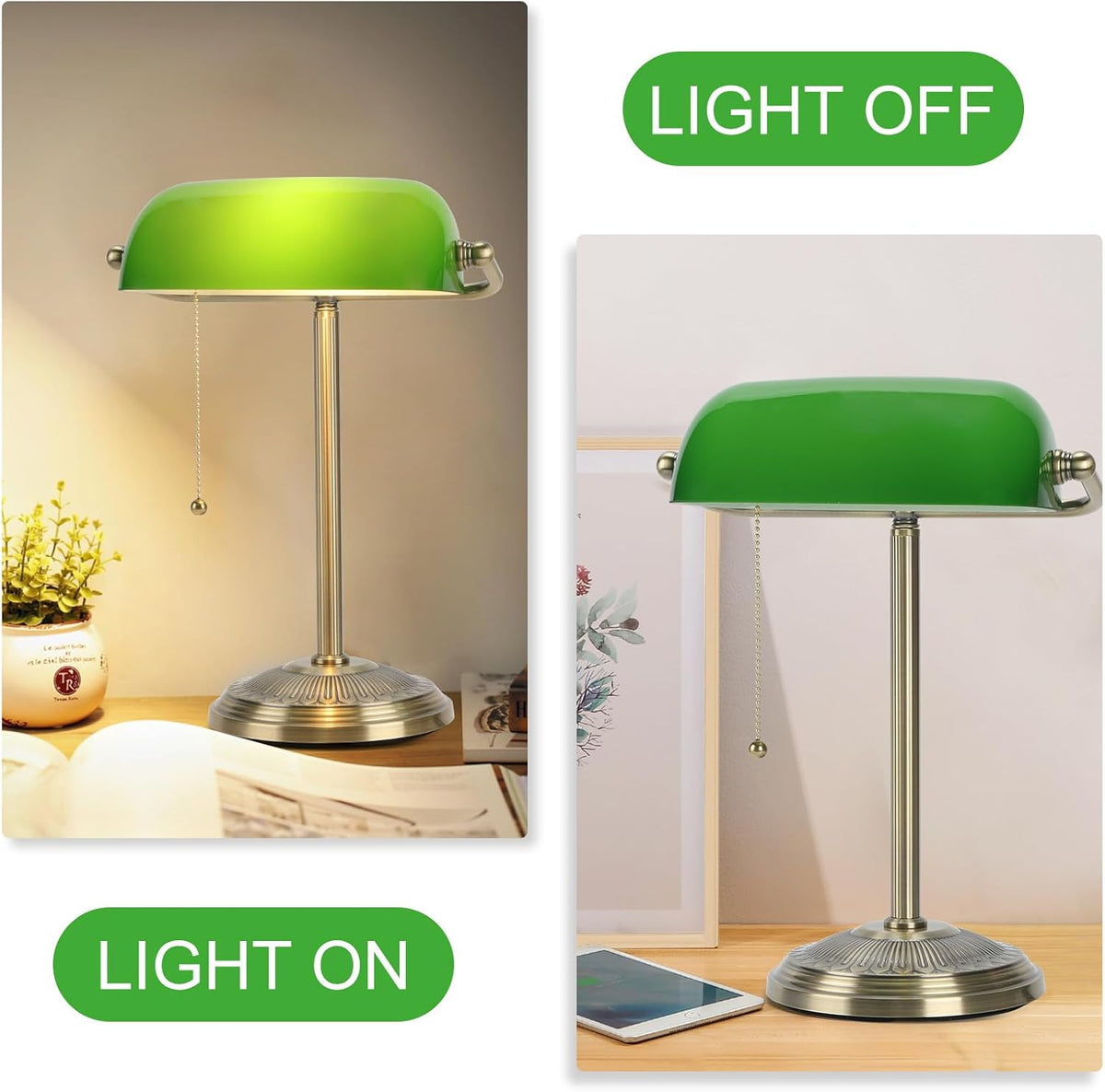 Bankers Lamp, Brass Finish with Pull Switch, Green Glass Shade