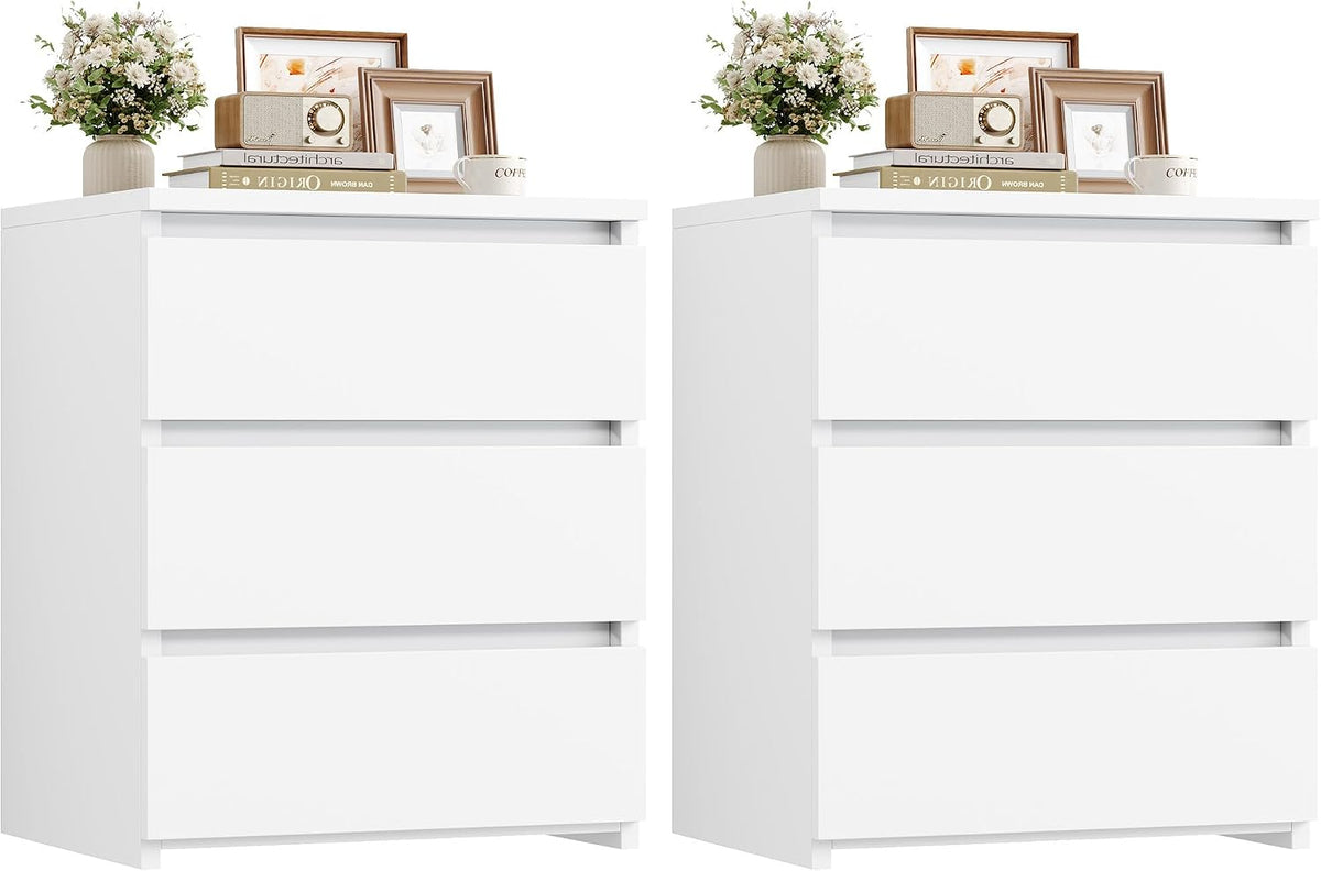 FOTOSOK Nightstands Set of 2, White Nightstand with 3 Drawers for Bedroom