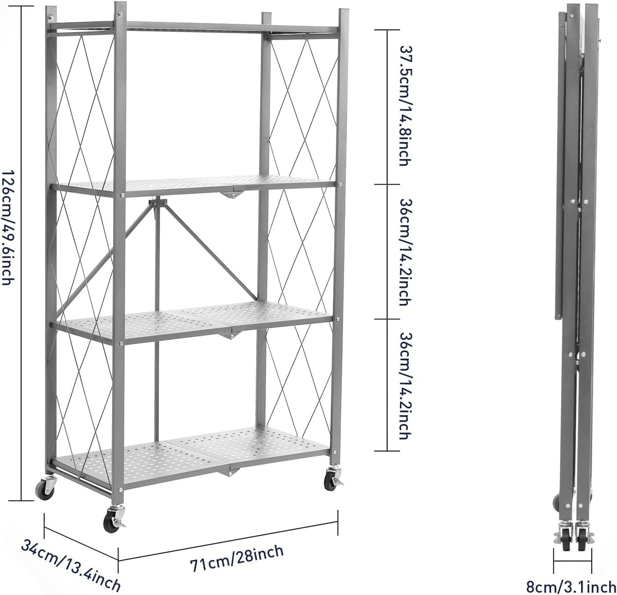 BRIAN & DANY 4-Tier Foldable Storage Shelves with Wheels, Folding Metal R...