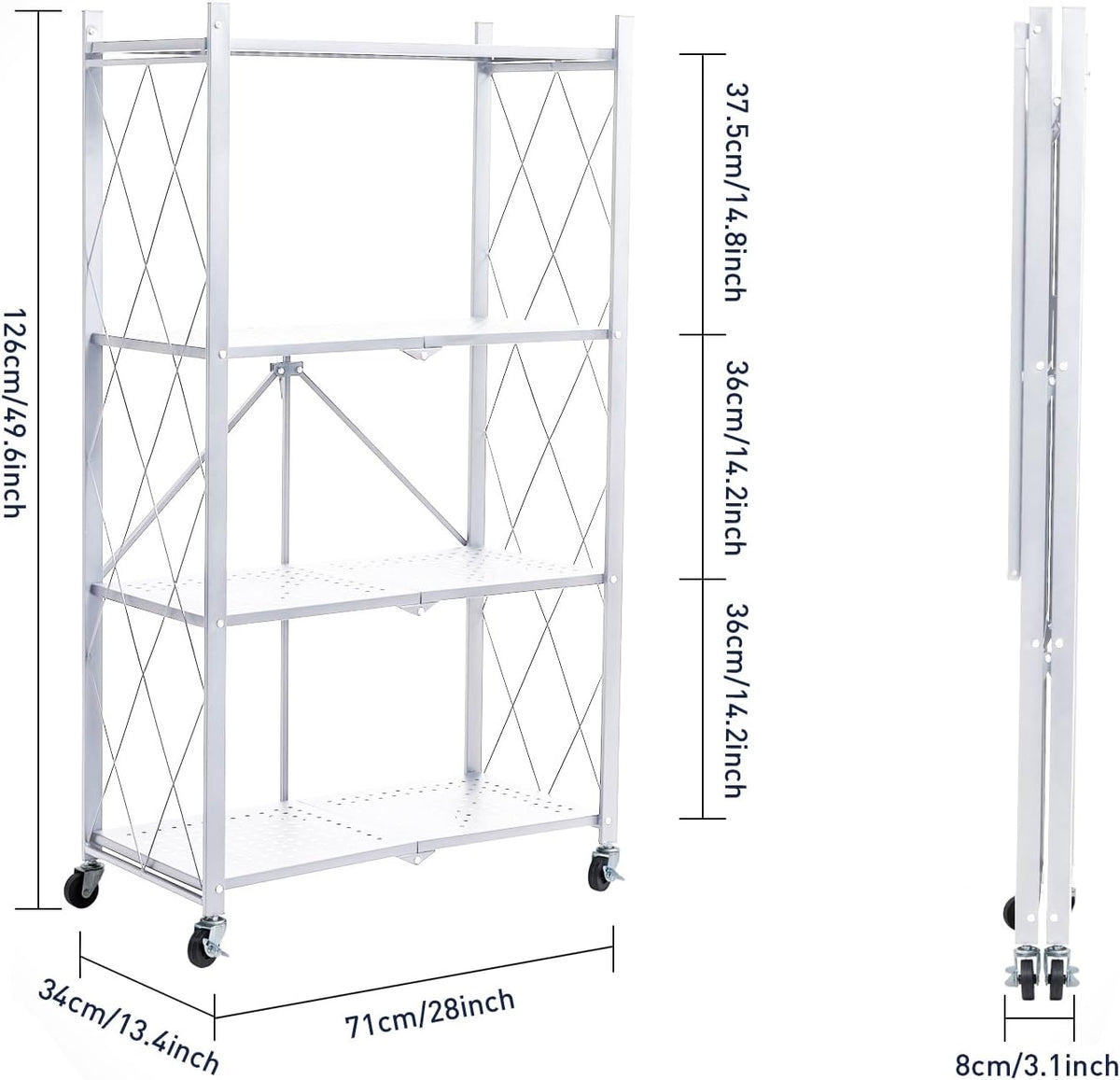 BRIAN & DANY 4-Tier Foldable Storage Shelves with Wheels, Folding Metal R...