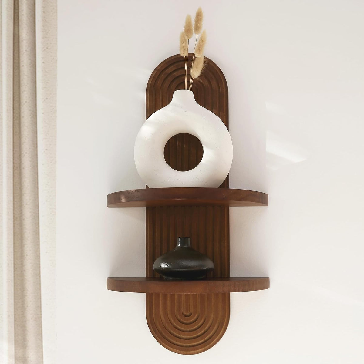 GRID FORTE Mid-Century Wall Double Shelves with Arched Wood Design