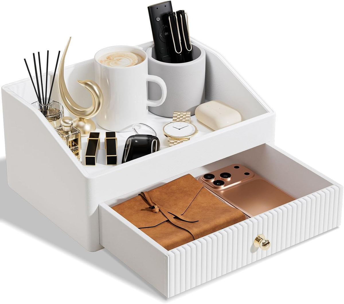 LADSTAG Office Desk Accessories,Beige White Vegan Leather Office Organizer wi...
