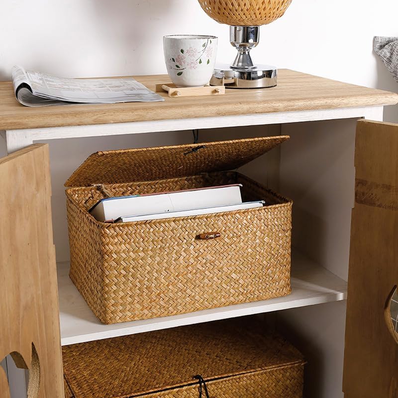 Wicker Basket with Lid, Seagrass Storage Basket, Woven Baskets for Storage, D...