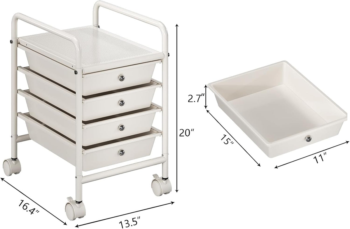 4-Tier Utility Cart with 4 Drawers, Rolling Utility Cart with 2 Lockable Cast...