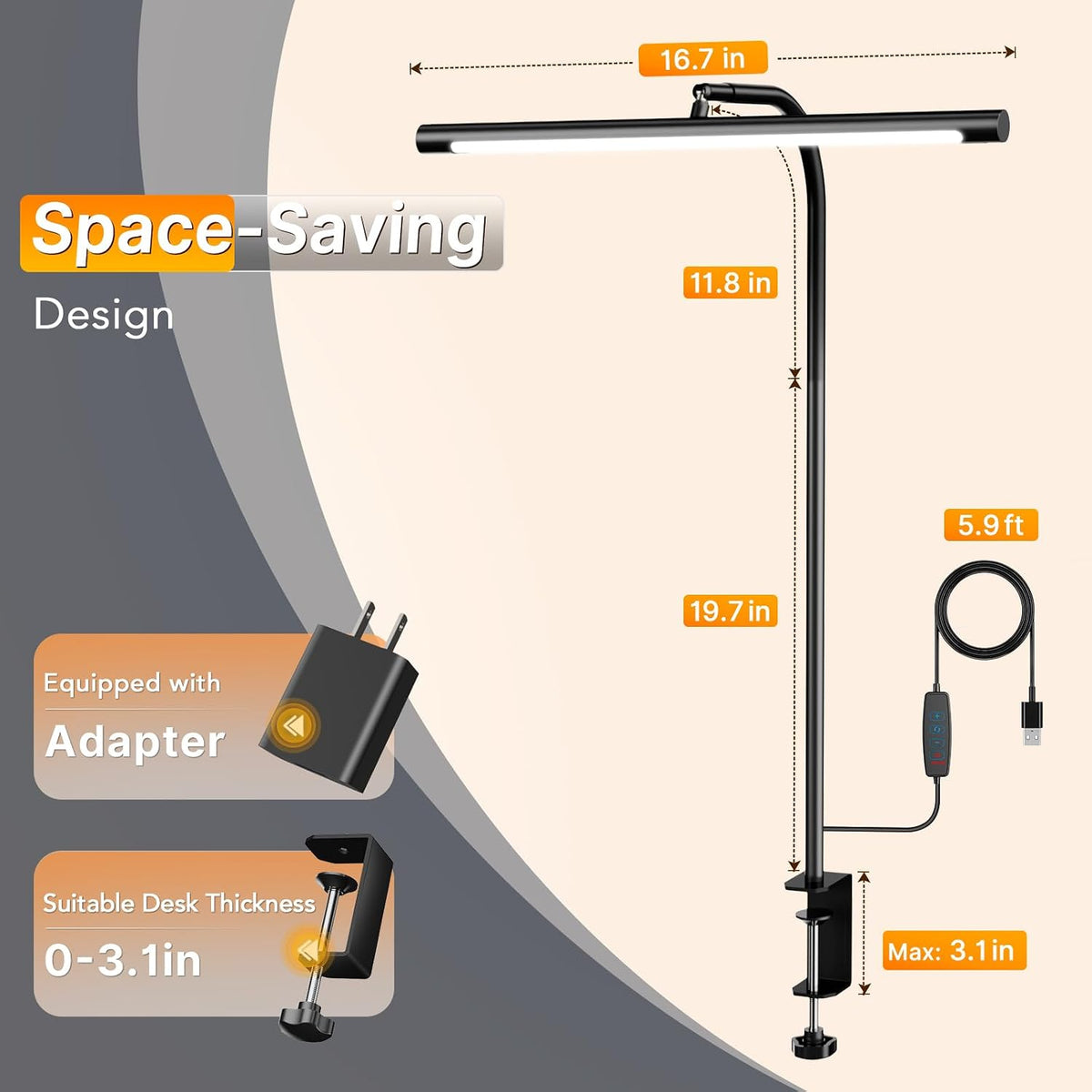 LED Desk Lamp with Clamp, Eye-Caring Dimmable Desk Light for Home Office