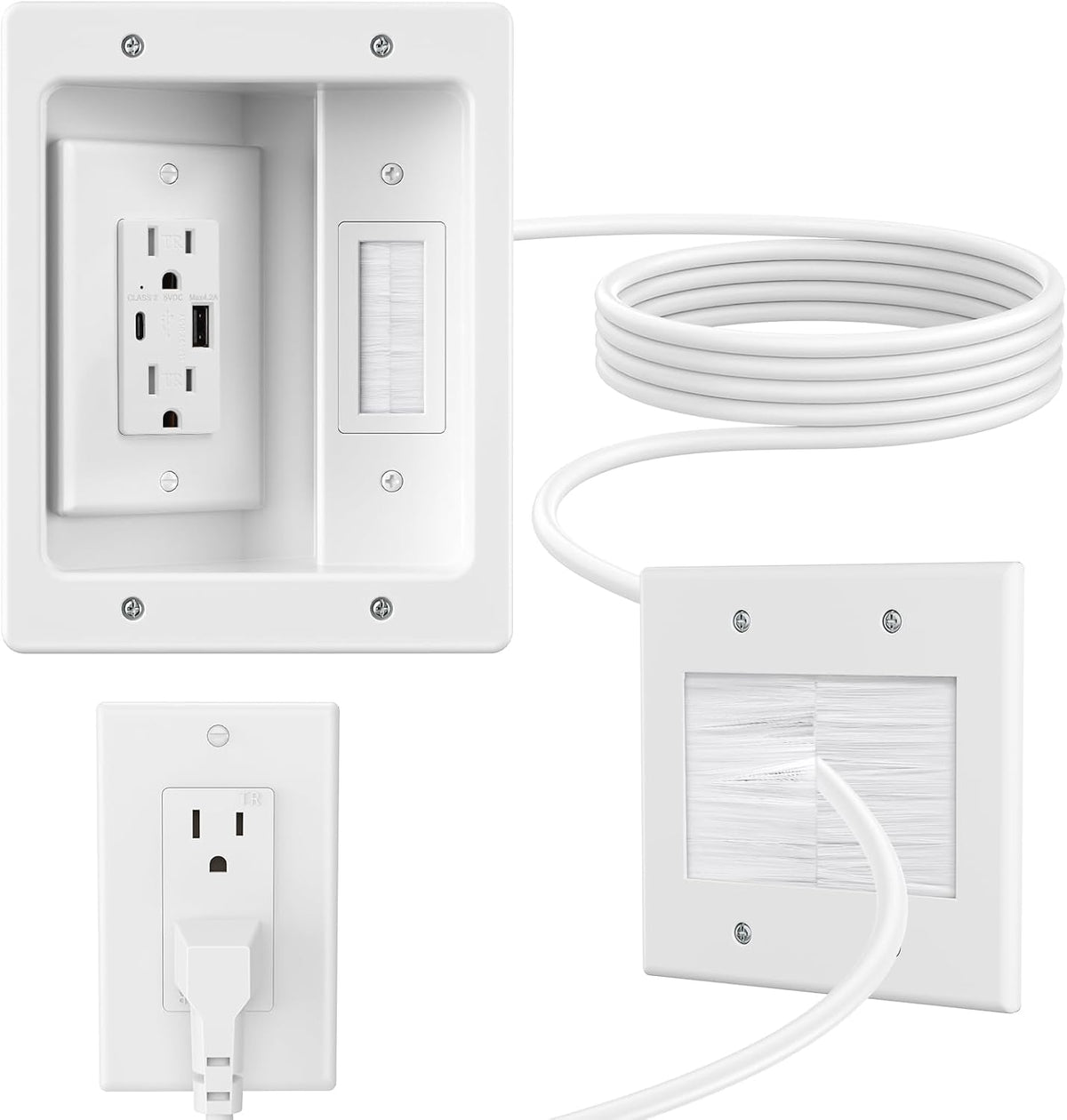 in Wall Cable Management Kit with Brush Wall Plate,AC Outlets & USB-A+USB...