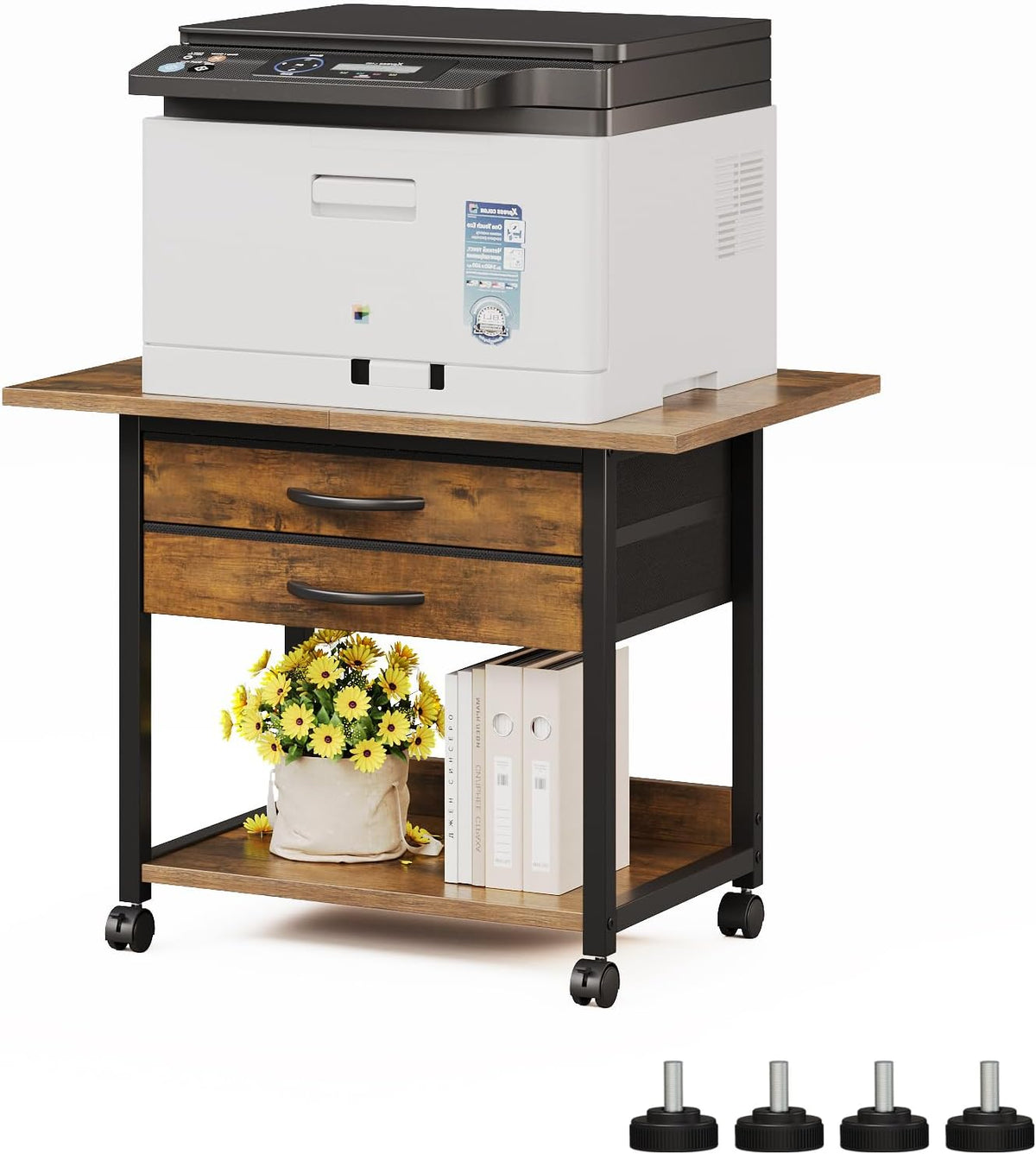 VENNQD Large Printer Stand with Storage Fabric Drawer Under Desk Printer Tabl...