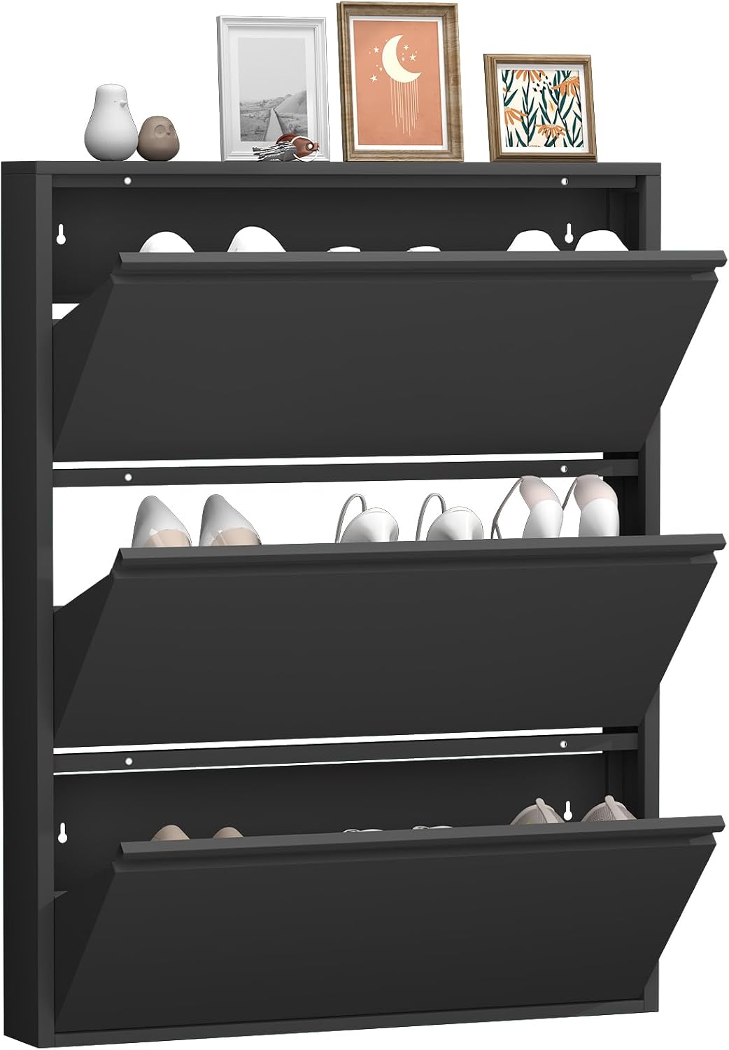 GREATMEET Slim Wall Mounted Metal Storage Cabinet with 3 Flip Drawers