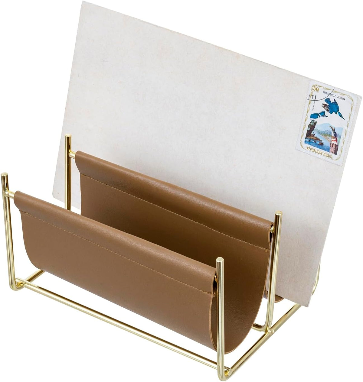 MyGift 2 Slot Modern Mail Holder, Deluxe Brass Tone Metal and Toffee Brown Le...