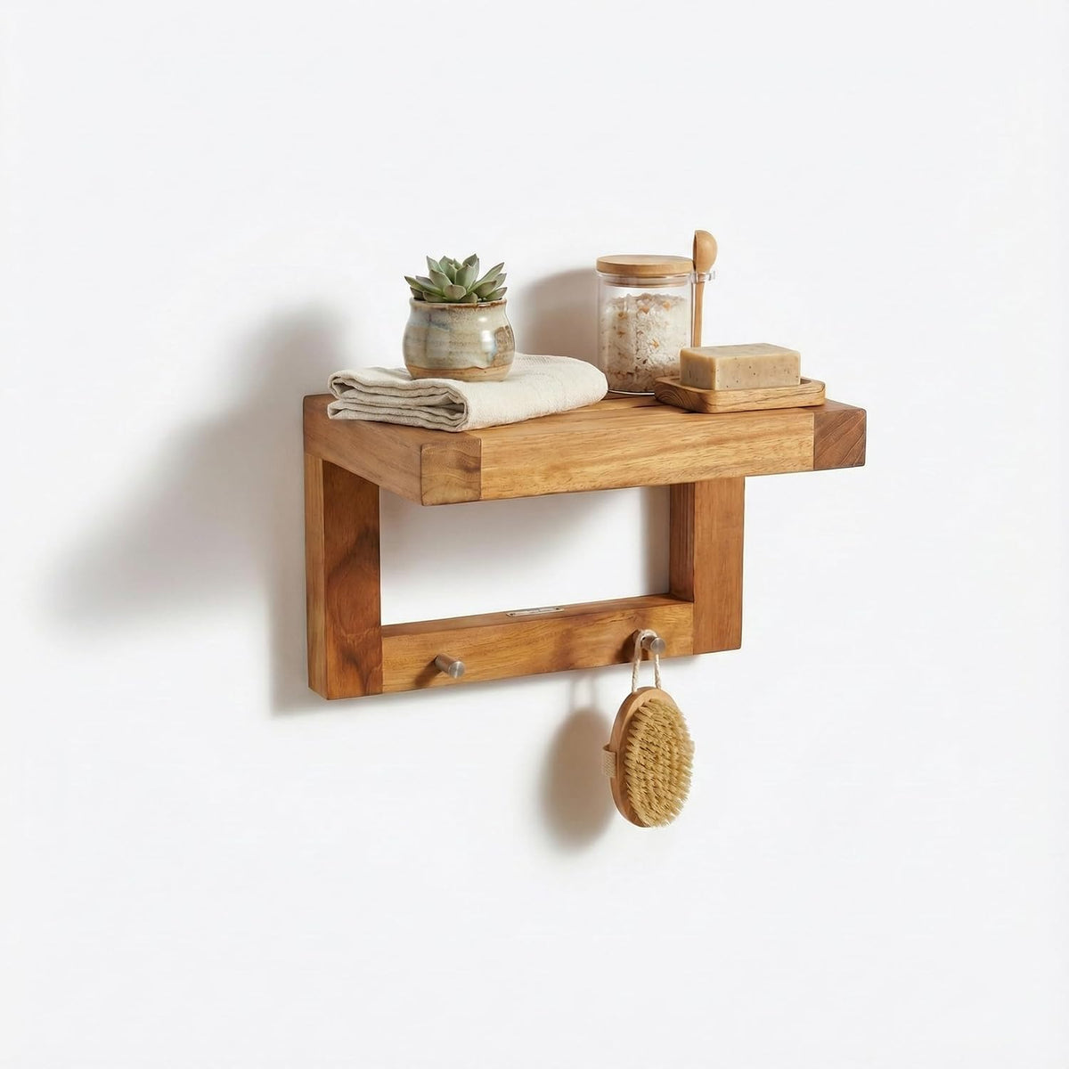 AquaTeak 12" Moa Floating Teak Wall Shelf with Hooks