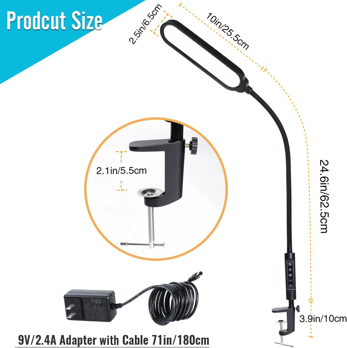 18W 3000LM LED Clamp Desk Lamp, CRI 95, Touch and Remote Control