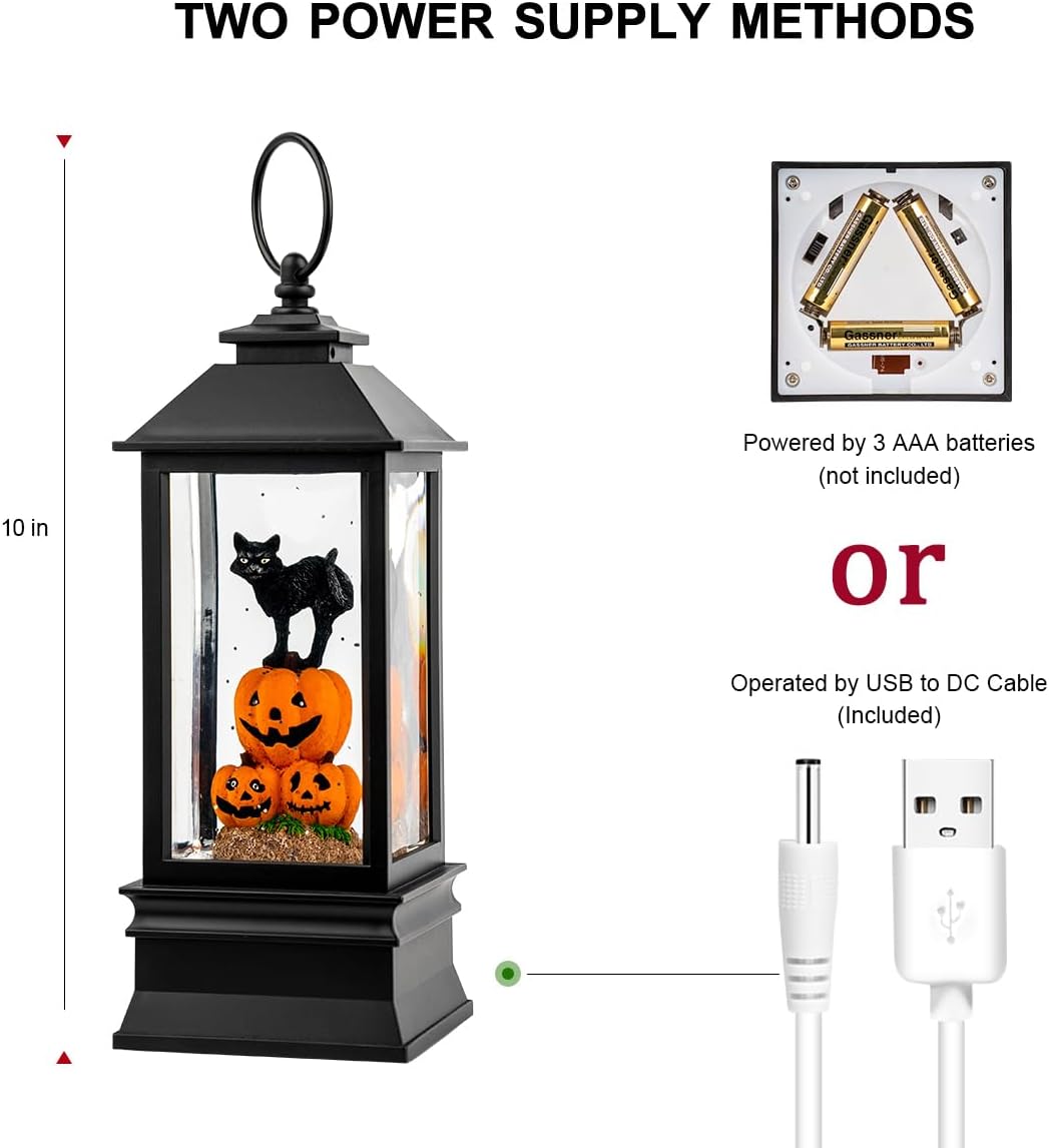 Halloween Snow Globe Lantern Water Glittering Spooky Witch' s Black Cat i...