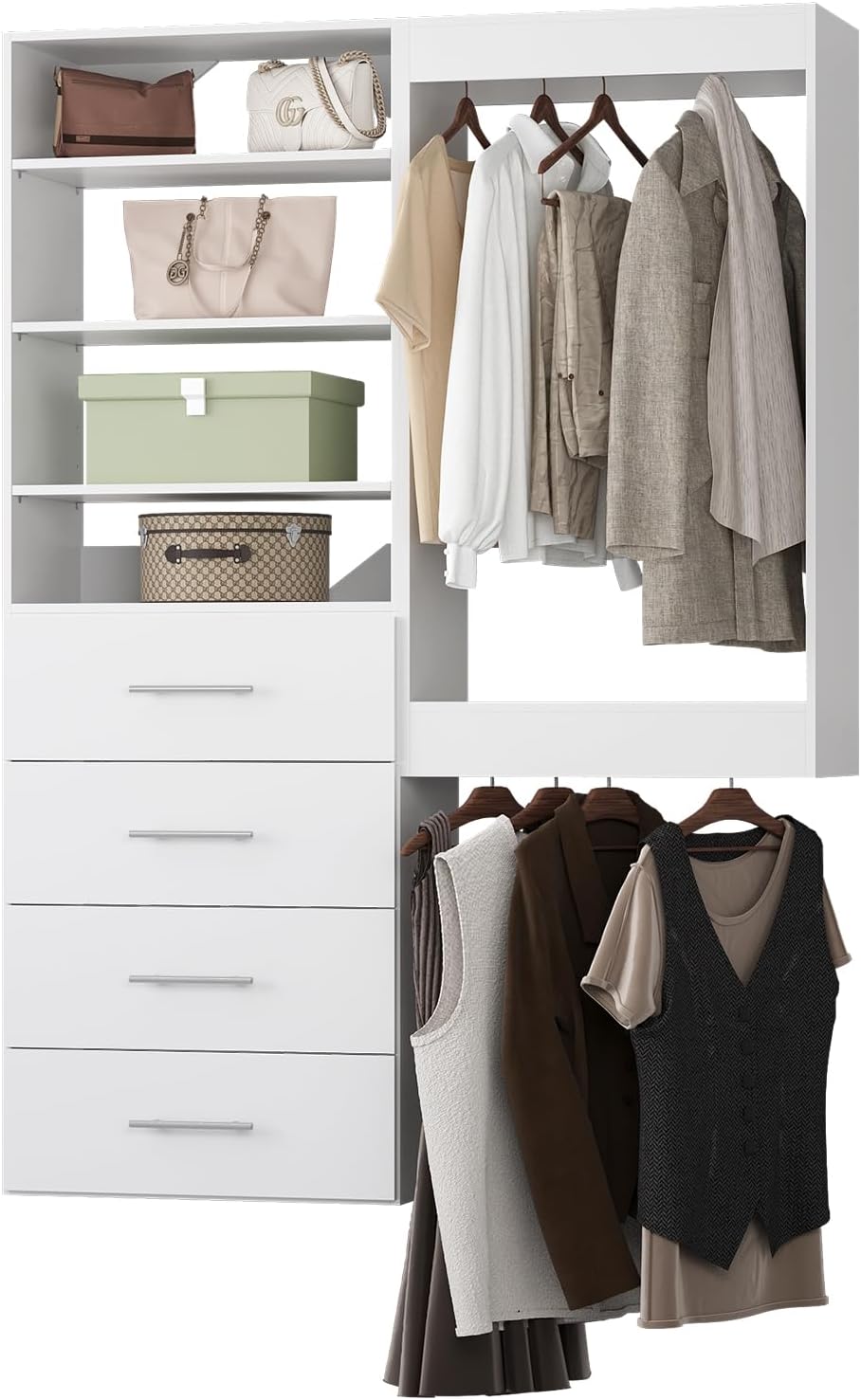 Modular Closet, 46" Wide Organizer with Tower and Drawers, Wood Tower St...
