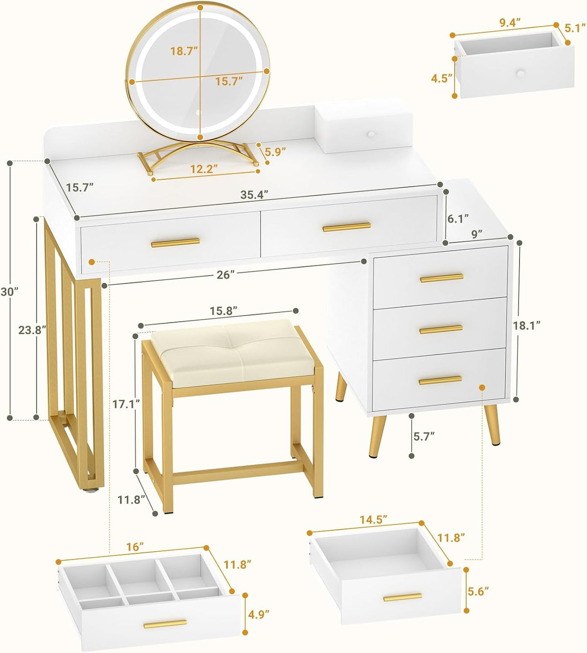 Armocity White Vanity Desk with Mirror and Lights, Modern Makeup Vanity Table...