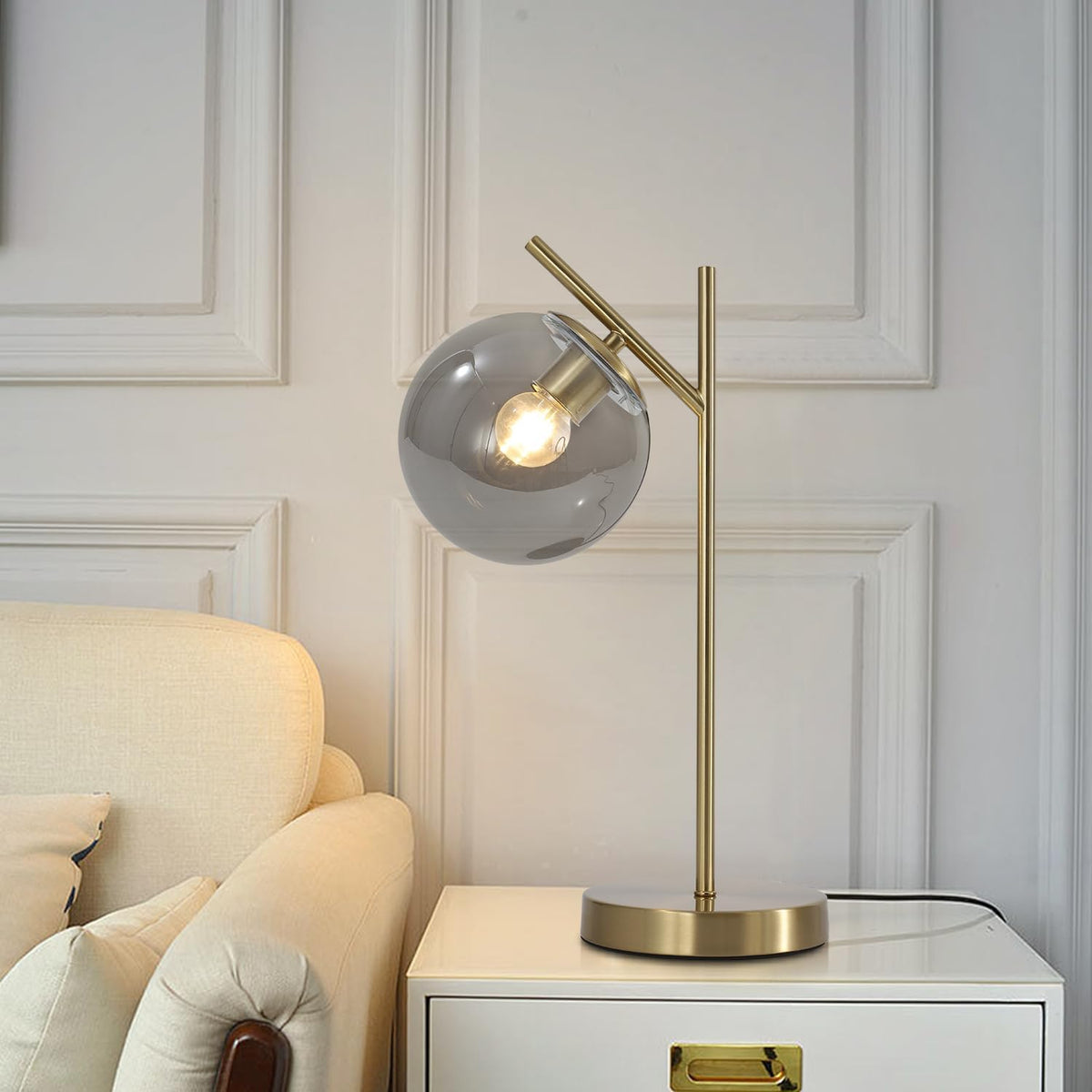 Mid Century Desk Lamp, Glass Globe Table Lamp with Gray Glass lampshade, Gold...
