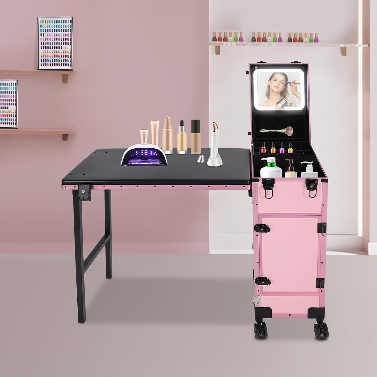 Professional Rolling Makeup Case, Foldable Nail Tables, Portable Manicure Tab...