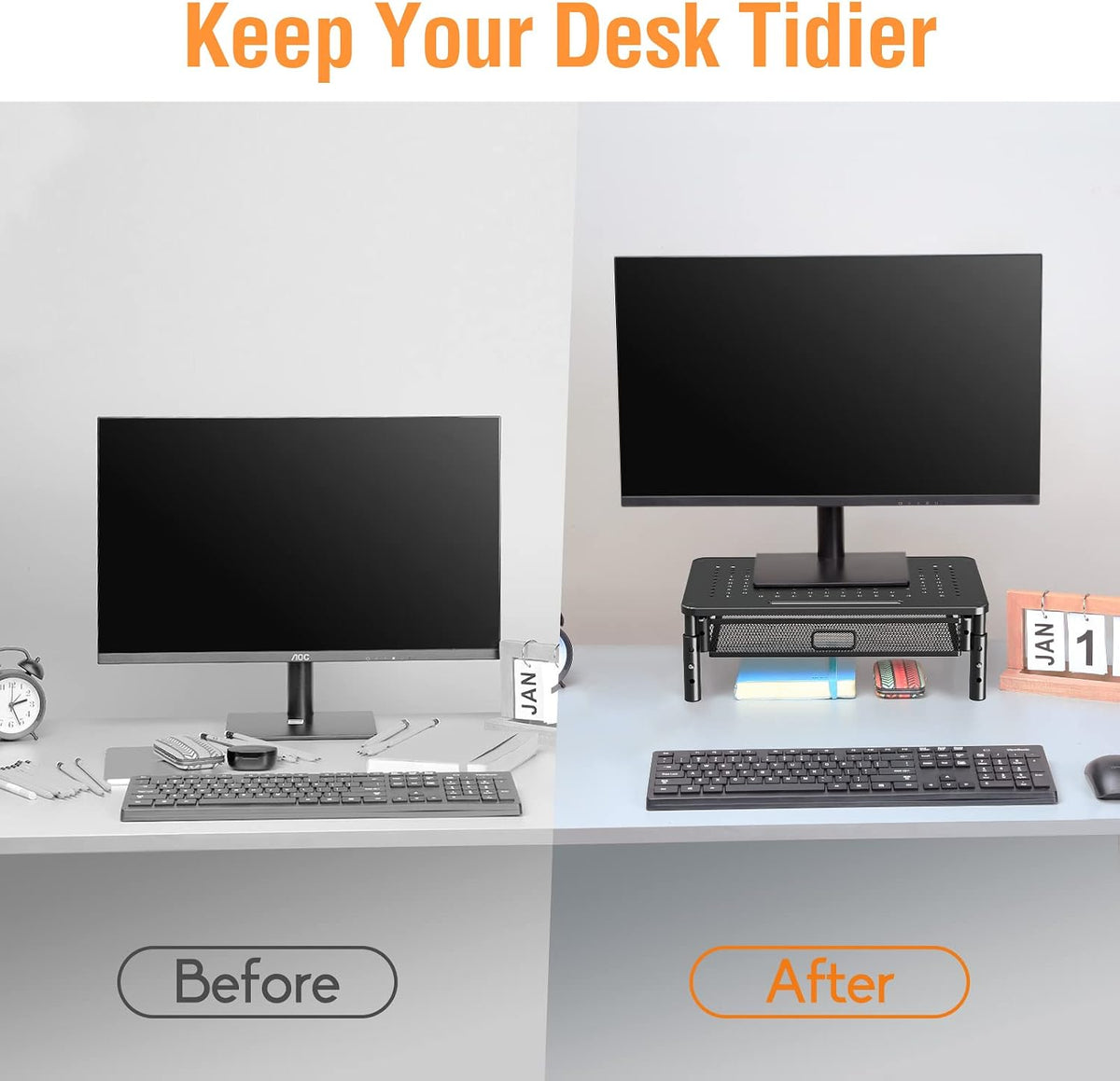 ELIVED 2 Pack Monitor Stand Riser with Metal Drawer, 3 Height Adjustable