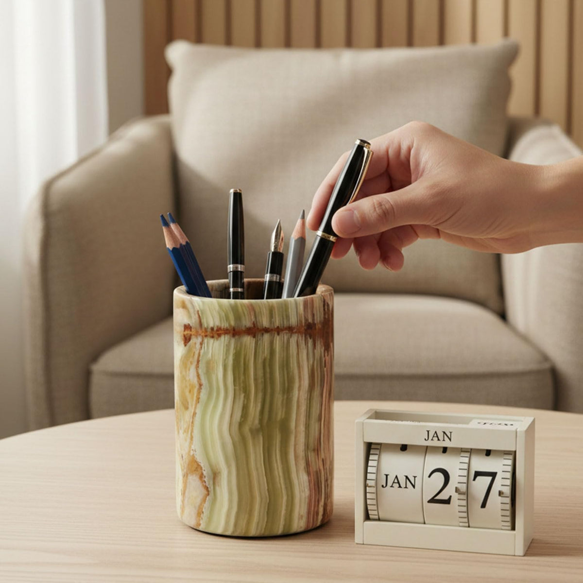 Radicaln Marble Pen Holder for Desk 4" - Pencil Holder & Makeup Brus...