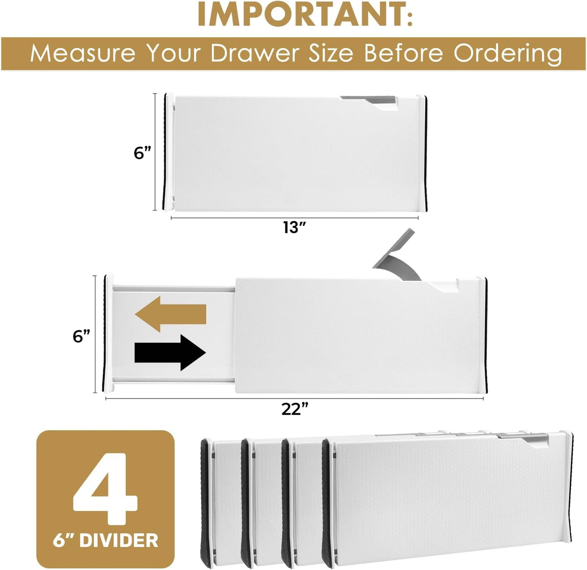 RAPTUROUS White Expandable Drawer Dividers (6" Tall, 13"-22" L...