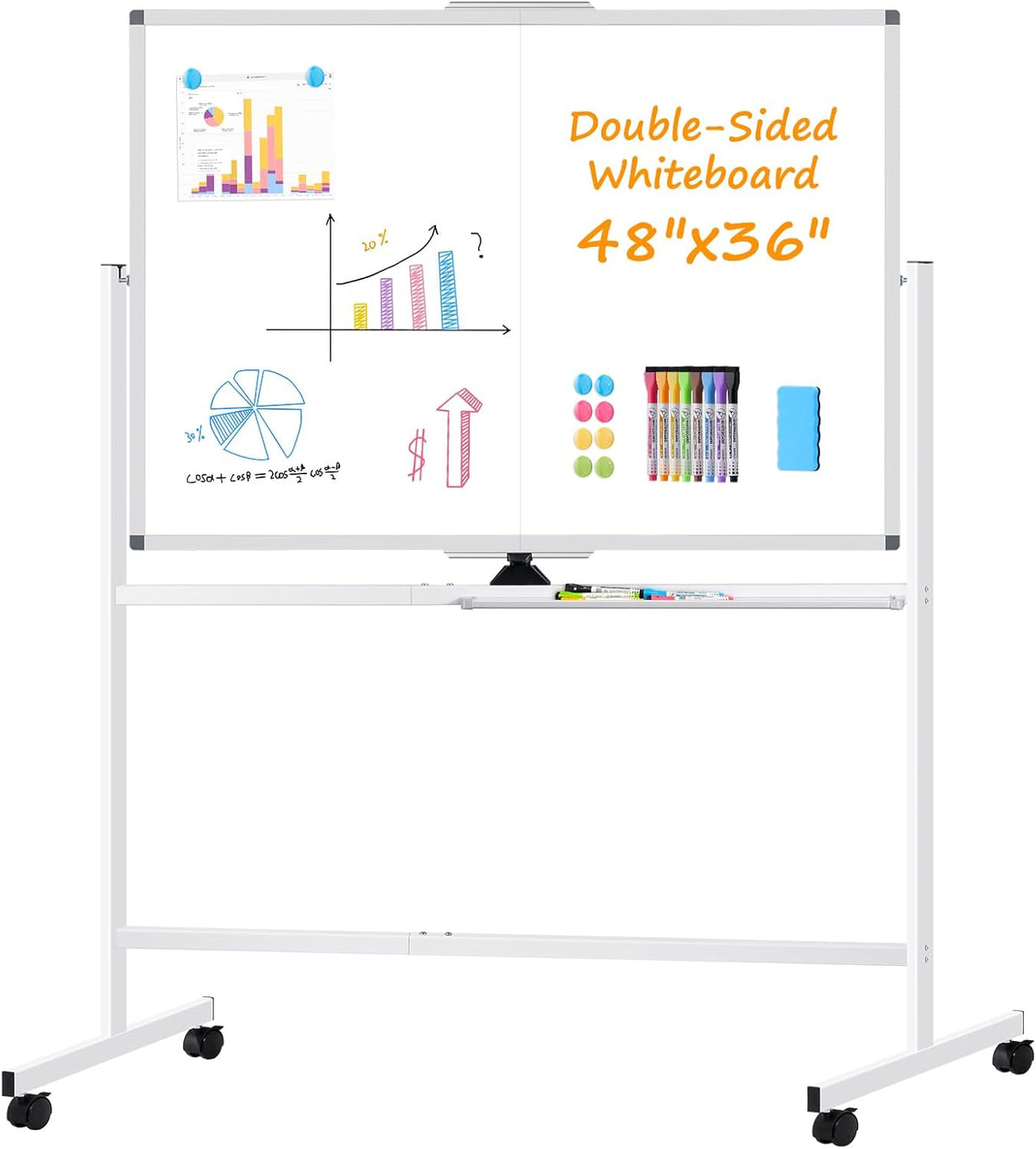 Rolling Dry Erase Whiteboard with Stand, 48" x 36" White Board on W...