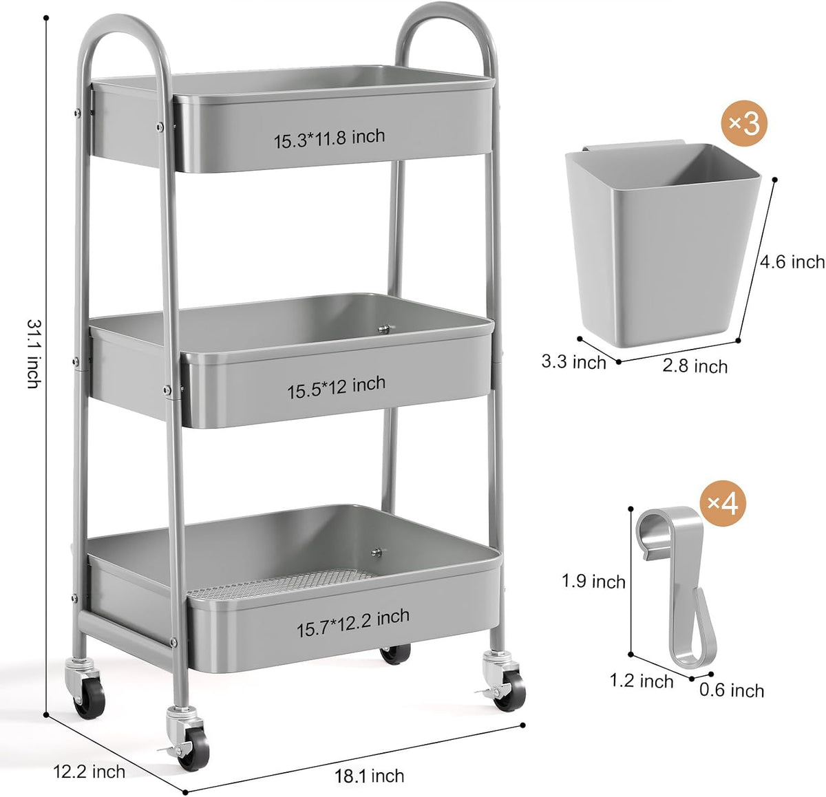3 Tier Gray Metal Rolling Cart, Three Tiered Storage Dorm Carts with Wheels