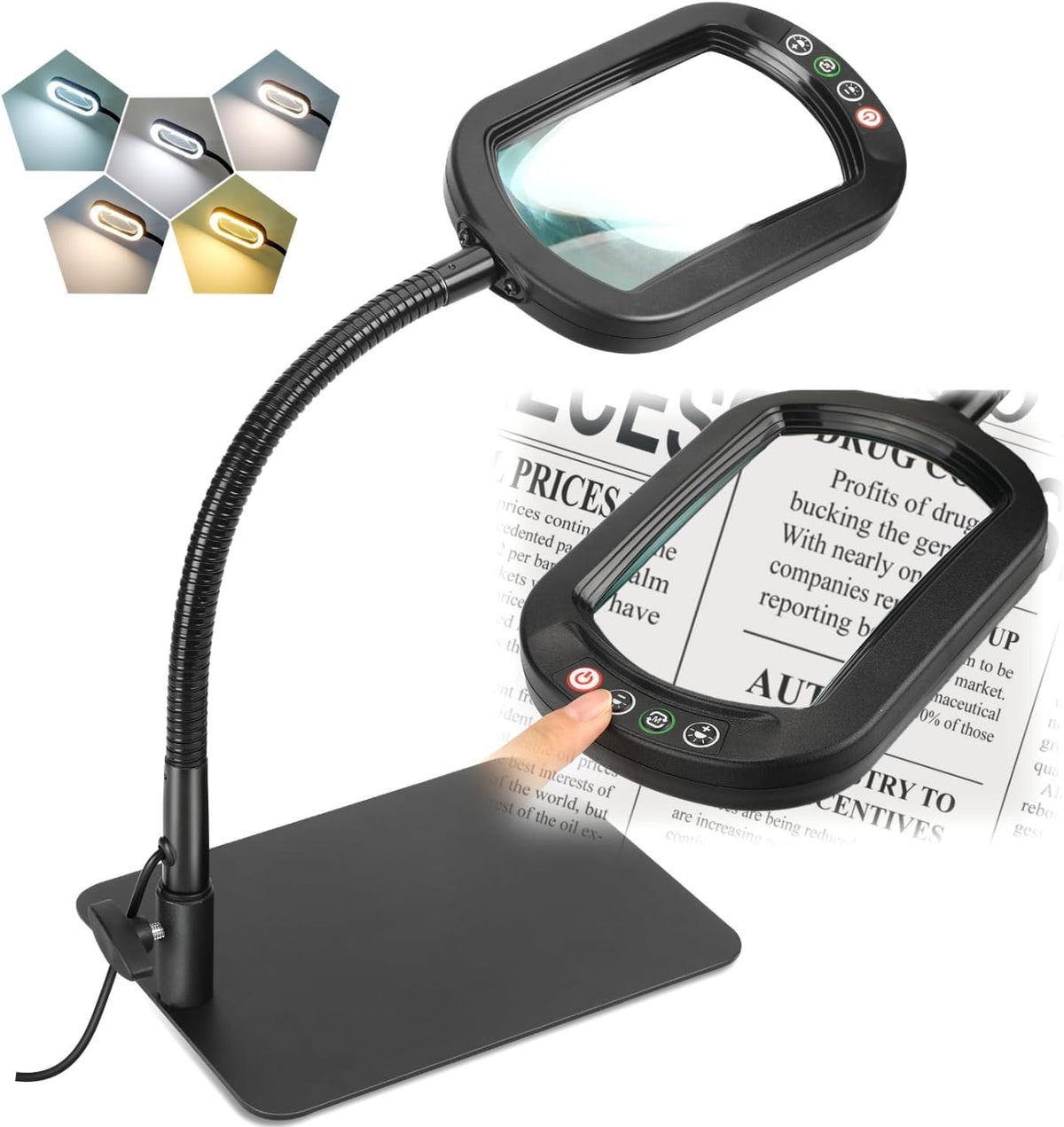 Veemagni 12X Rectangle Magnifying Glass with Light and Stand, Flexible Goosen...