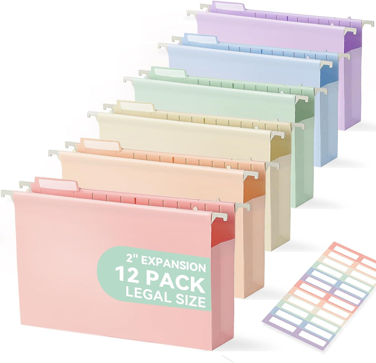 SortRax Legal Size Hanging File Folders, Plastic, 2" Expansion, Pastel