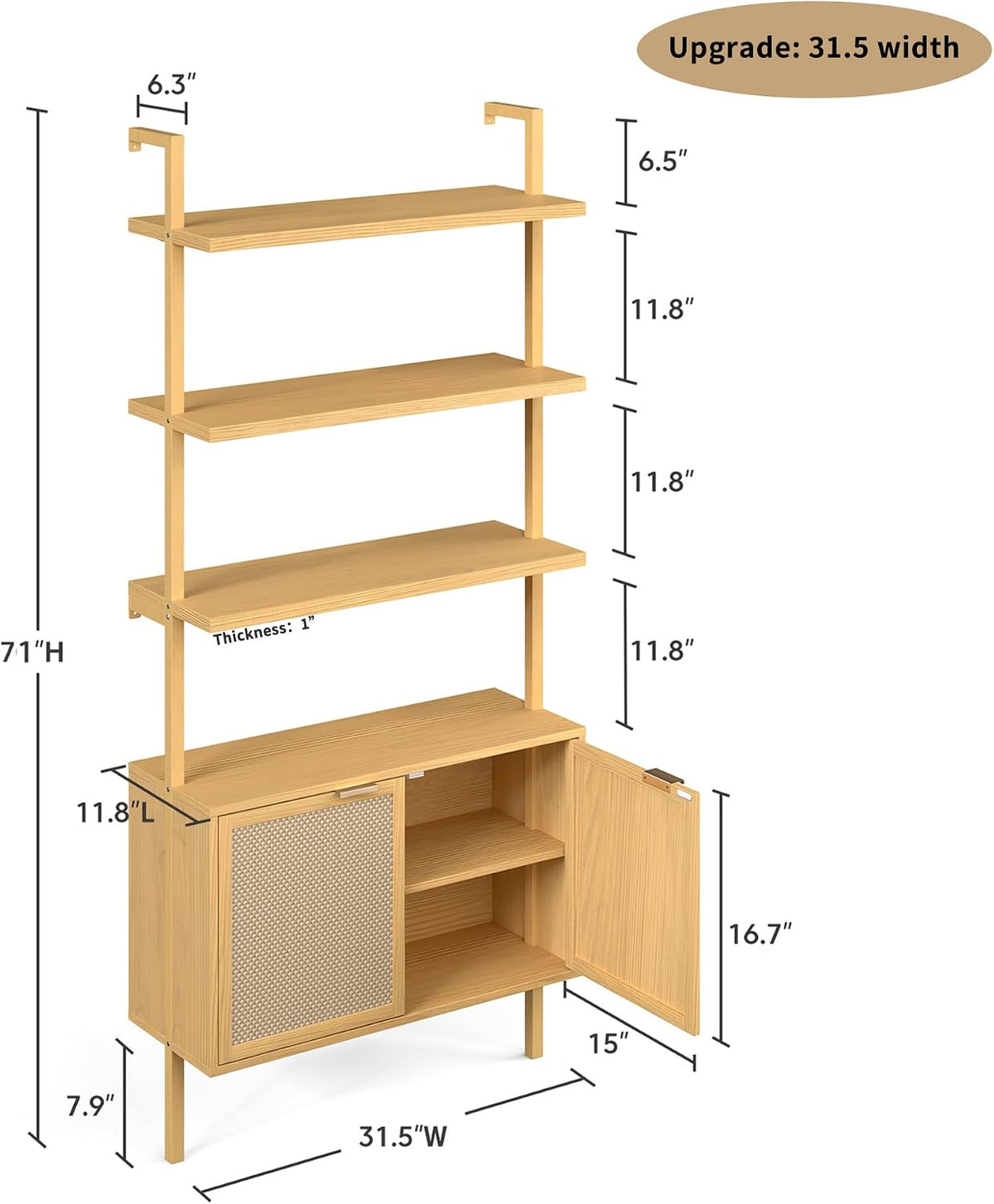 71in Rattan Ladder Bookshelf - 31.5in Wide Book Shelf with Storage, 6-Tier Bo...