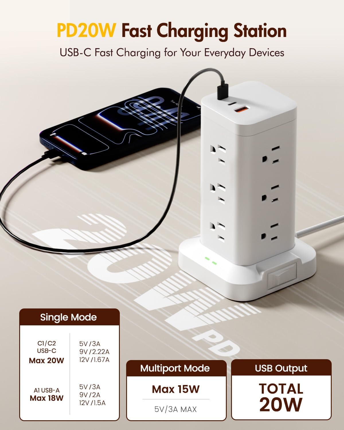 12AC 3USB Power Strip Tower Surge Protector, Extension Cord 10ft, White, 1