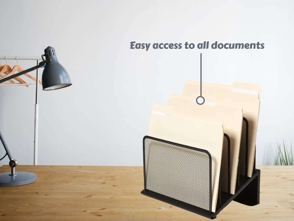 1InTheOffice Metal Mesh File Organizer, Black Wire Mesh 5 Section Incline Sorter