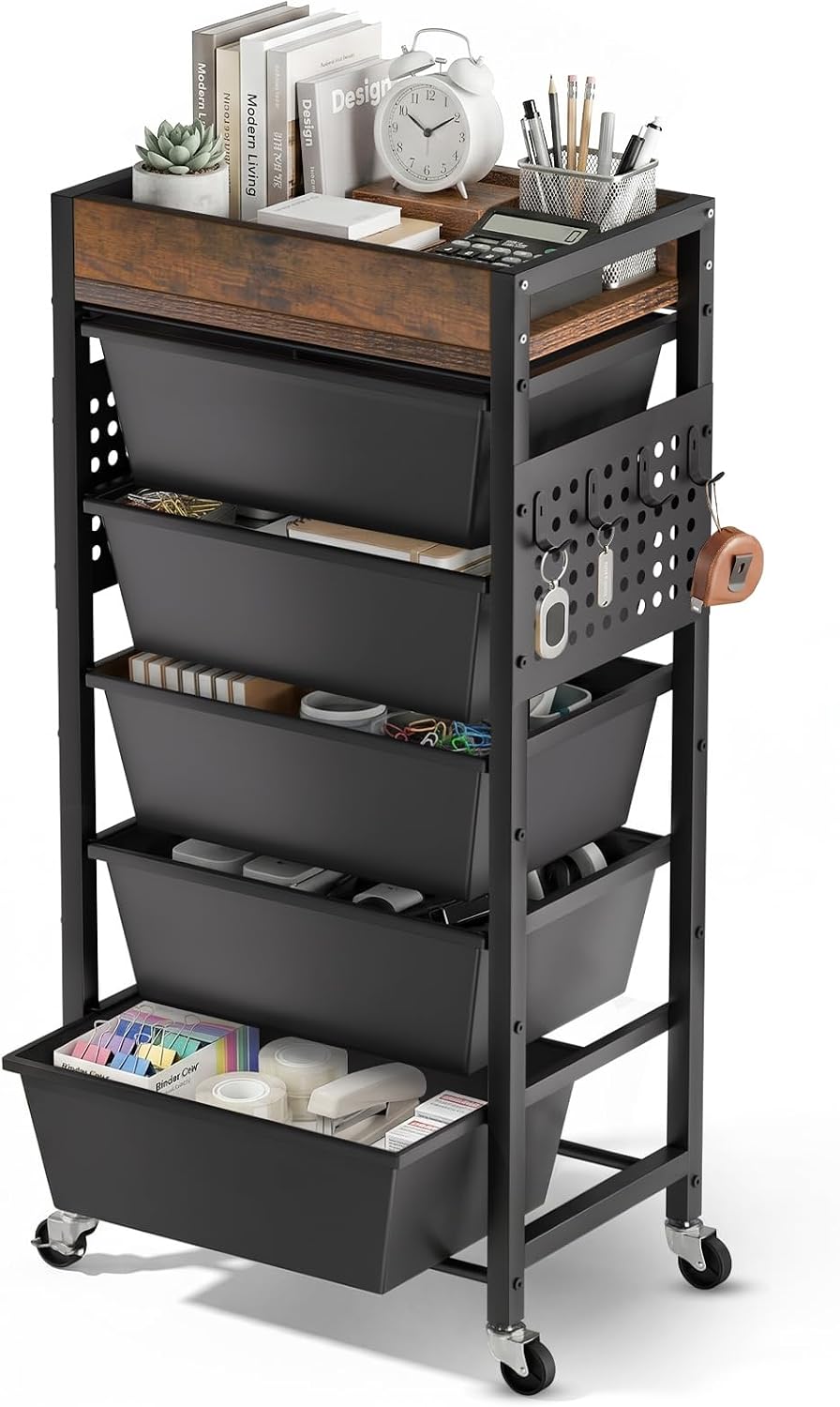 6 Tier Rolling Cart with Drawers, Plastic Drawer Storage Craft Cart with Pegb...