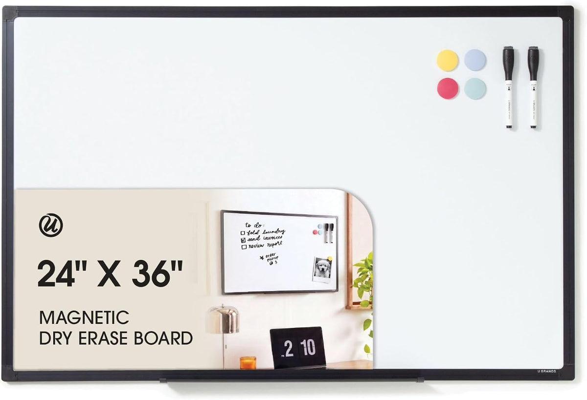 U Brands 24" x 36" Magnetic White Board with Markers, Black Metal F...
